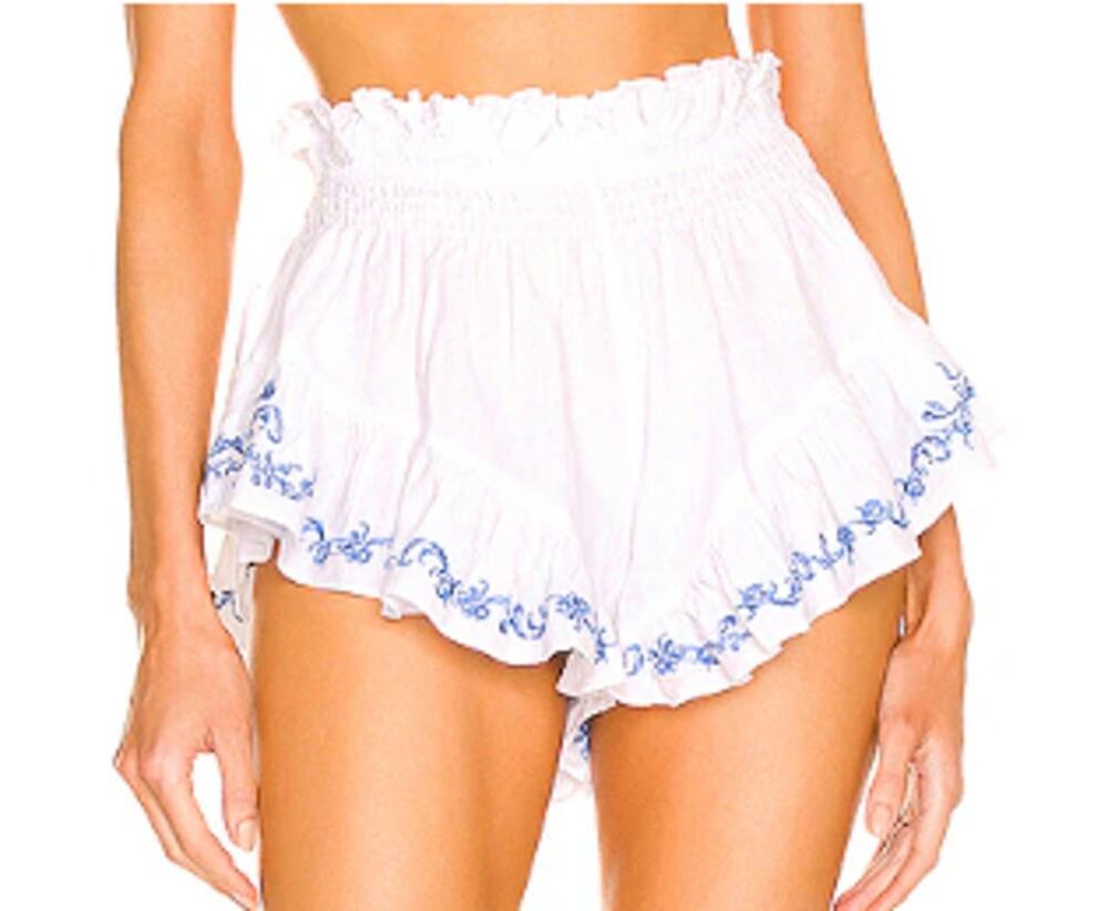 Caroline Constas White Ruffle Linen Mini Shorts with Blue Trim Sz. M